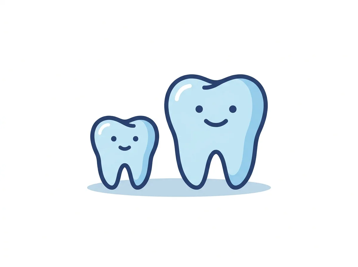 Ilustração de um dente de leite ao lado de um dente permanente